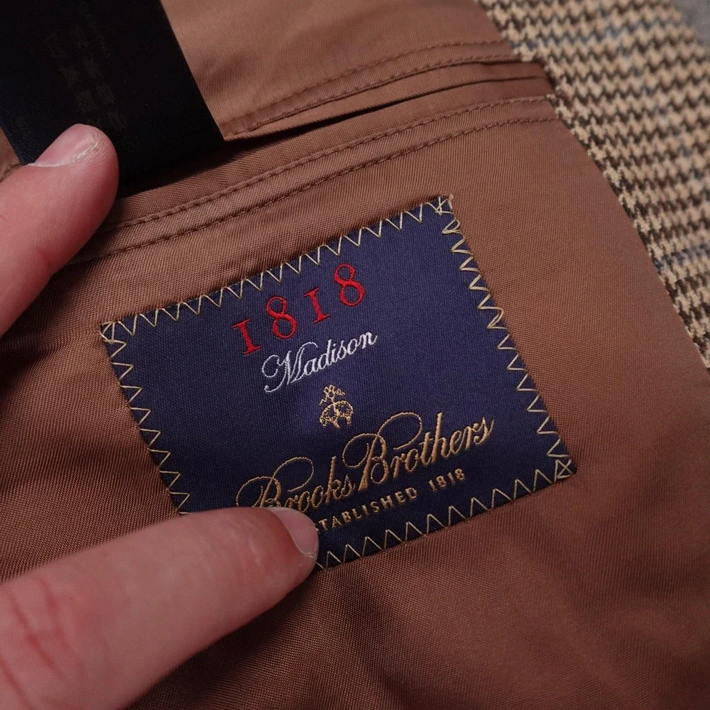 Brooks Brothers 1818 Madison Blazer Mens 44R Brown Houndstooth Wool Cashmere